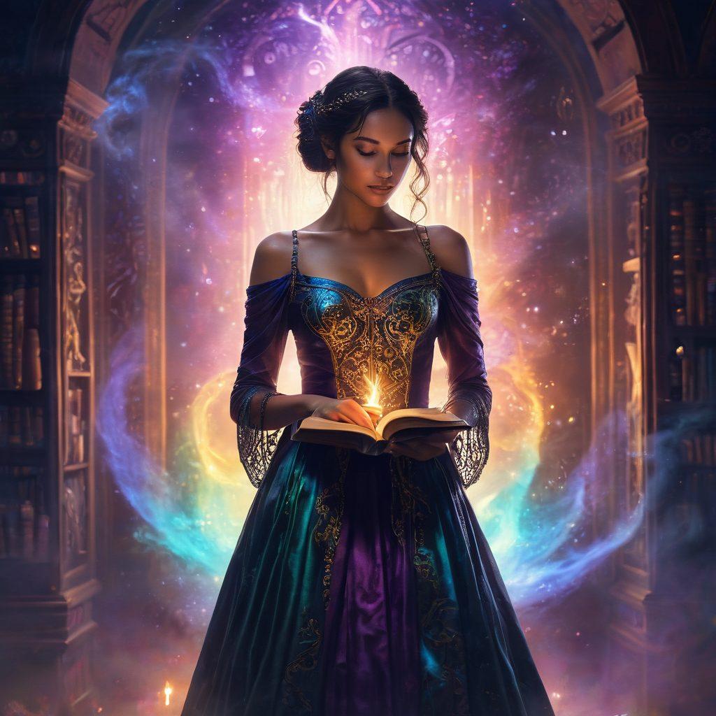 A mesmerizing scene depicting an ethereal storyteller, surrounded by swirling, colorful mist that embodies passion and intimacy. The storyteller, adorned in seductive attire, holds an ancient book glowing with mystical symbols. Soft light cascades from the pages, revealing abstract, dreamlike illustrations of allure and desire. The background features silhouettes of captivated figures, lost in the enchanting tales. The overall ambiance is sensual and vibrant, evoking a sense of curiosity and intrigue. super-realistic. vibrant colors. mystical glow.