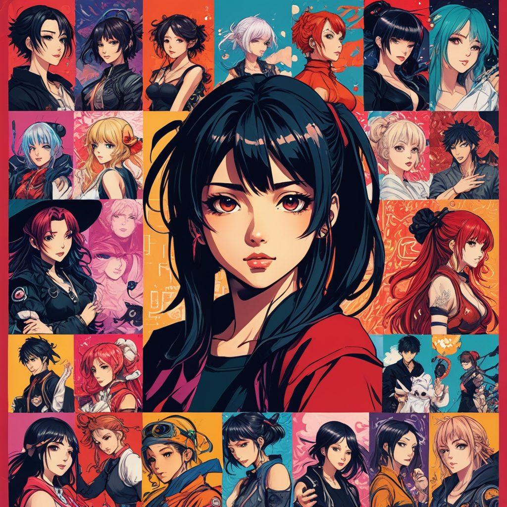 A vibrant collage showcasing the evolution of adult anime and manga, featuring iconic characters in various artistic styles from ecchi to explicit. The background illustrates a spectrum of colors, blending seductive and artistic elements, with iconic symbols like cherry blossoms and manga panels intertwining. Emphasize diverse character designs ranging from playful to intense, highlighting their expressions and attire. The overall composition should evoke a sense of exploration and variety in adult themes. cyberpunk. vibrant colors. 3D.